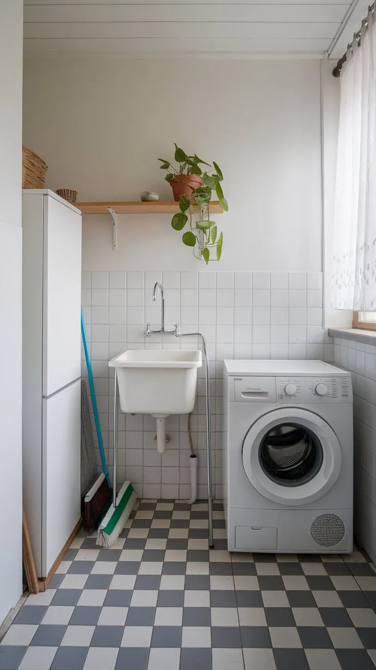 A well-organized utility room efficiently combines laundry appliances, cleaning supplies, and clever storage in a compact space.
