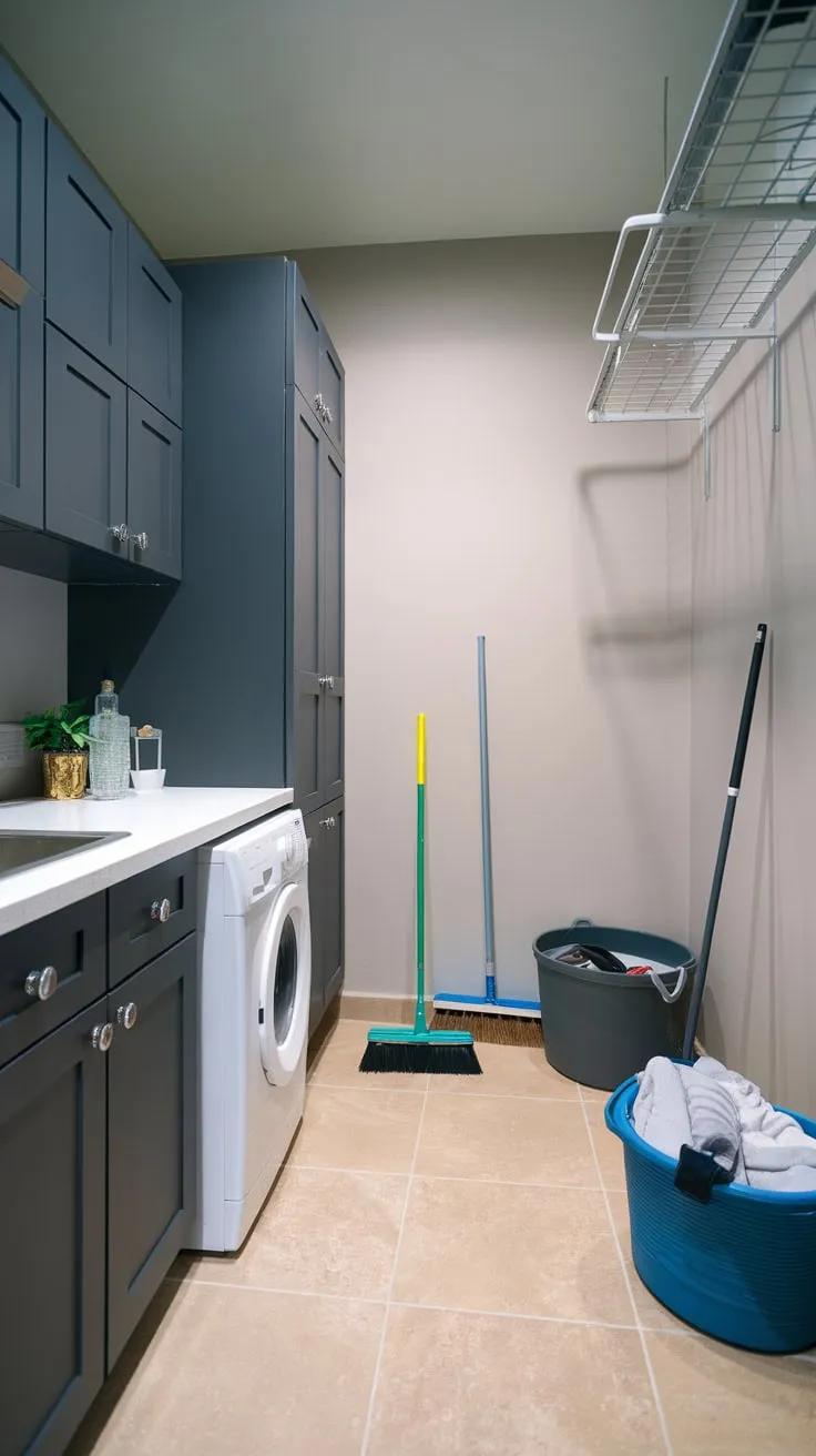 Maximize small utility room space with smart storage solutions like dark grey cabinets and a drying rack, keeping cleaning supplies readily accessible.