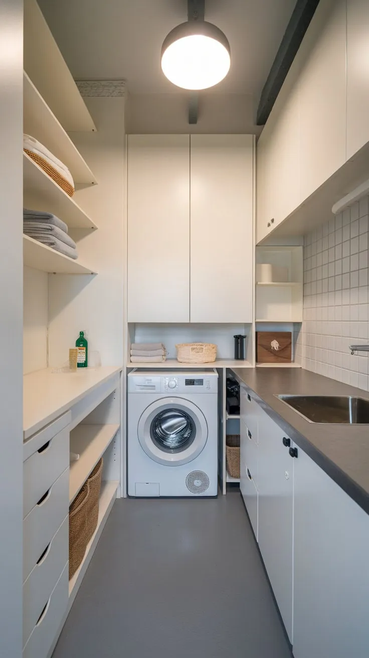 Maximize small-space utility with a modern, clean design featuring efficient storage, washer, dryer, and sink