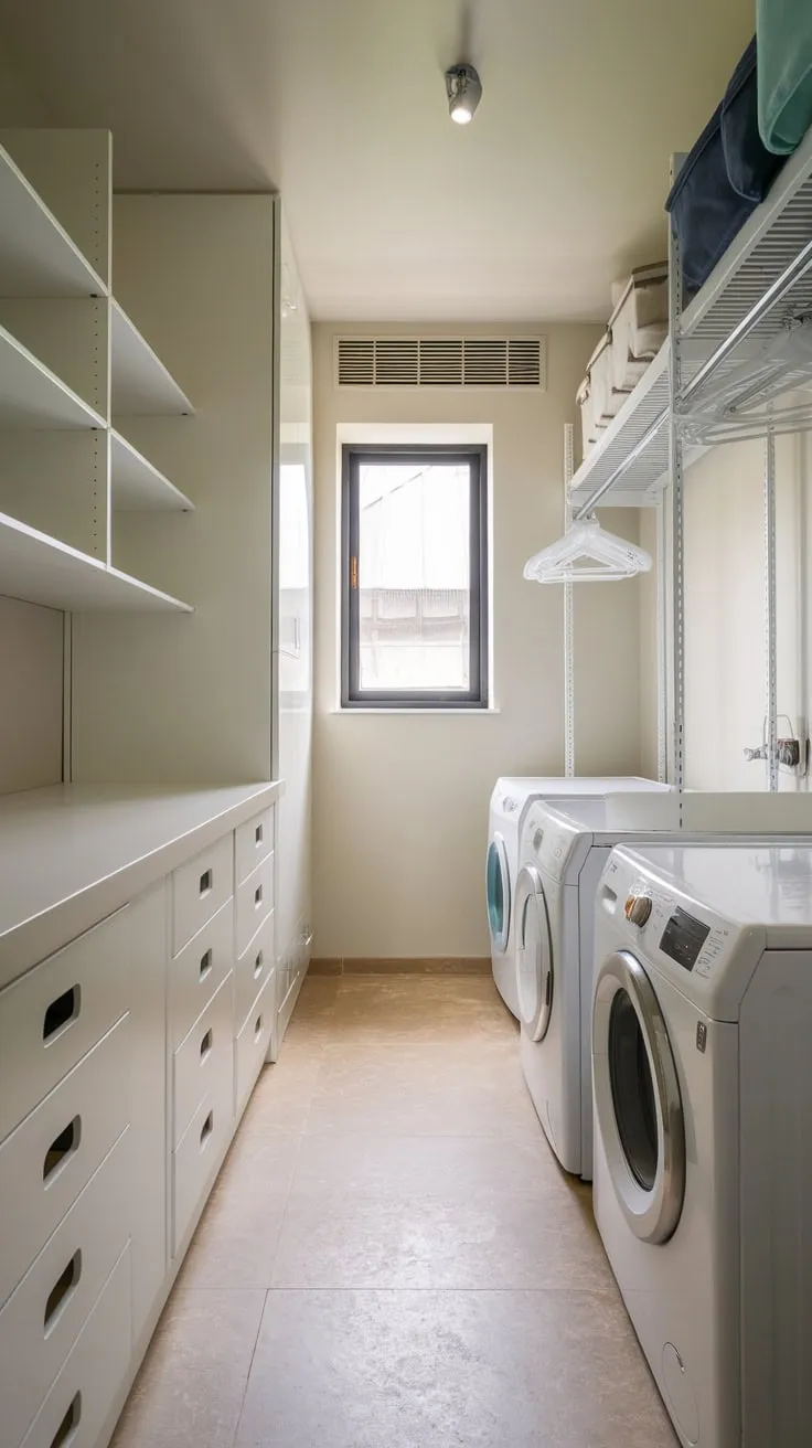 A stylish and functional utility room boasts efficient storage solutions, seamlessly blending modern aesthetics with practical laundry and organization.