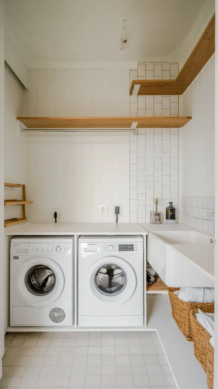 A stylish and functional small utility room boasts clever storage solutions within a clean white and wood aesthetic.