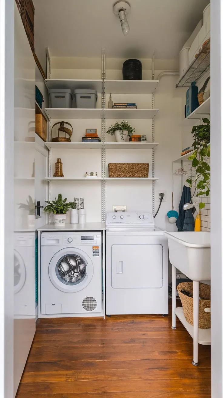 A bright, efficiently designed utility room boasts ample storage in a sleek white cabinet, seamlessly integrating laundry and sink.