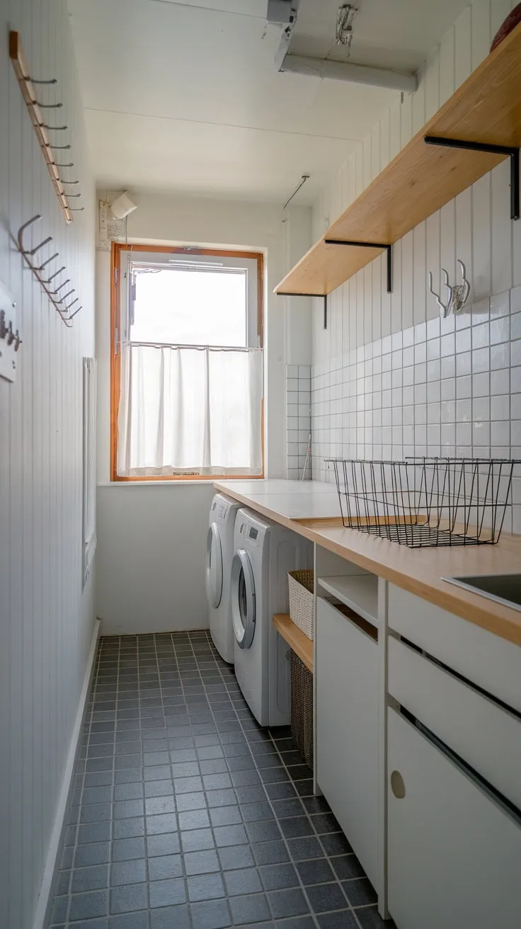 A stylish and functional utility room boasts clever storage solutions within a compact modern design.