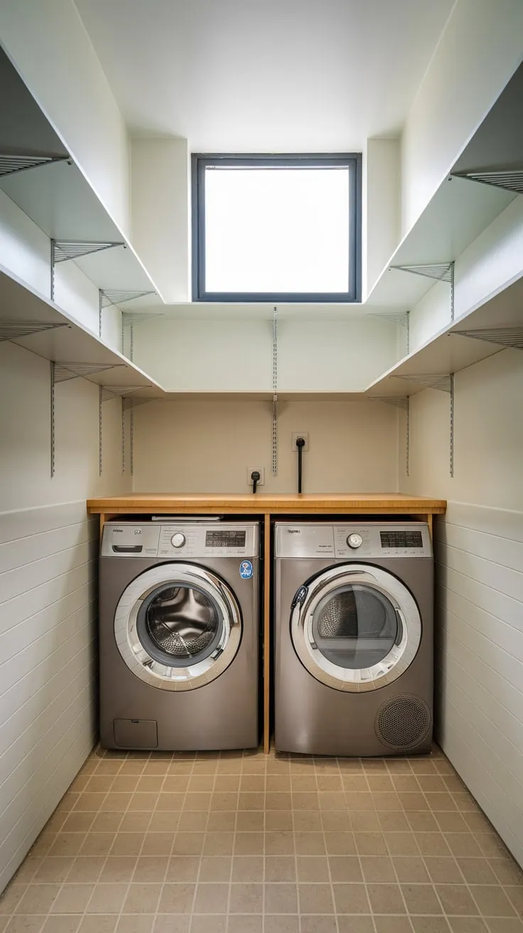 A bright, modern utility room design cleverly uses overhead shelving to optimize storage above stainless steel washer and dryer.
