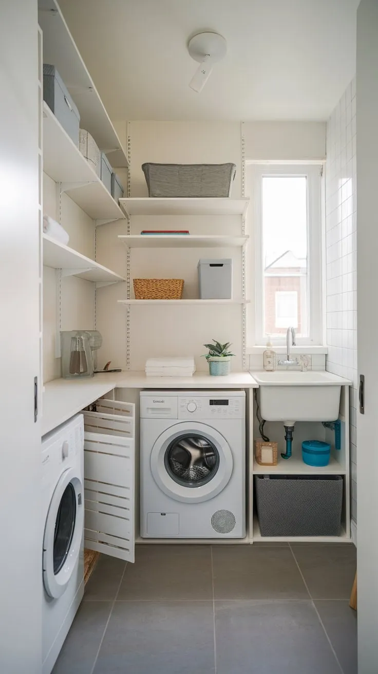 A modern utility room cleverly combines laundry essentials with abundant storage in a bright, tiled space.