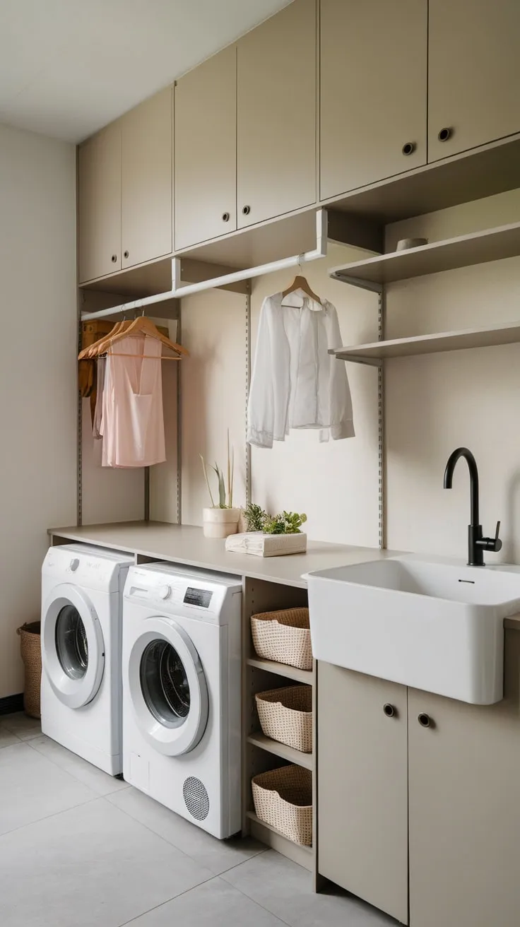 Maximize utility room space with smart storage solutions including cabinets, shelving, and a hanging rod for efficient laundry and organization