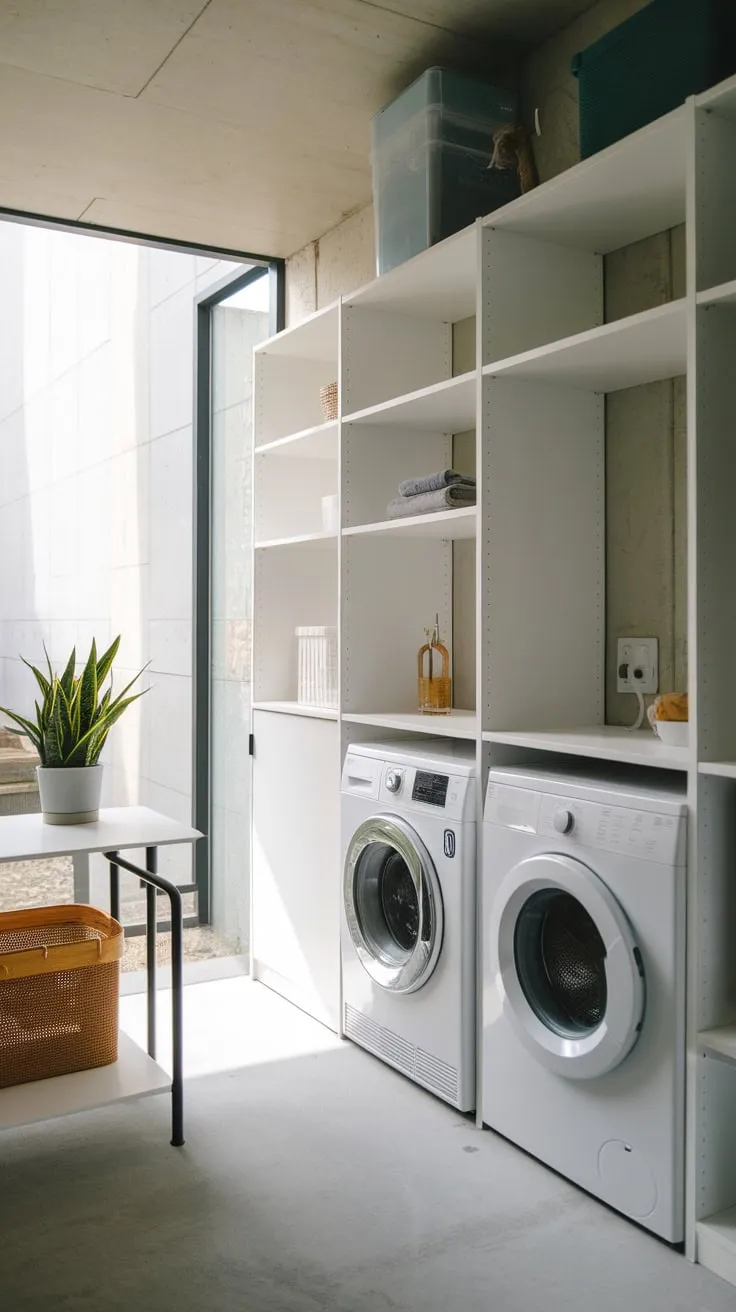 Sleek white cabinetry maximizes storage in this stylish utility room, complemented by natural light and a raw concrete aesthetic.