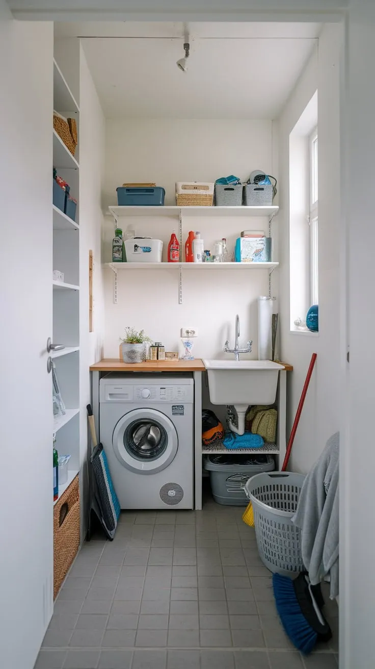 A clean modern utility room maximizes small storage space with efficient organization of laundry essentials and cleaning supplies