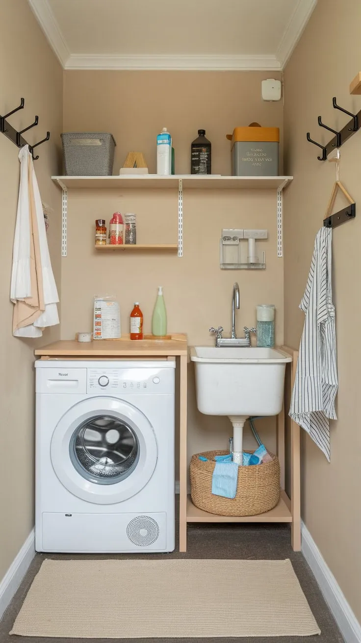 A beige utility room efficiently combines laundry appliances, a sink, and wall-mounted storage for a clutter-free space.