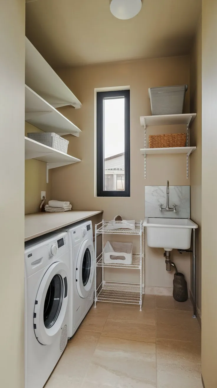 Maximize small-space utility room storage with smart shelving solutions and a functional design.