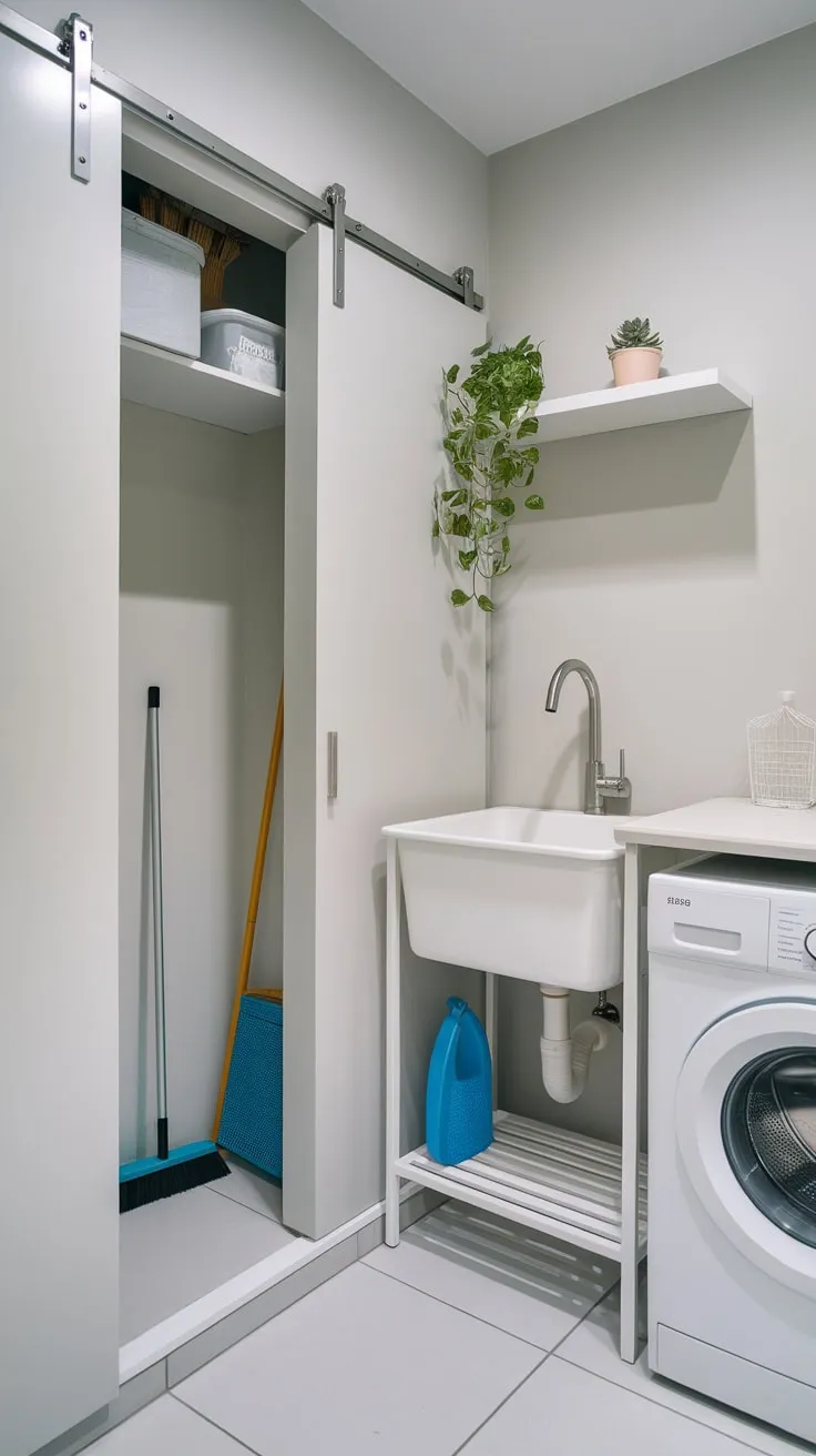 A light gray utility room boasts efficient storage, neatly concealing cleaning supplies behind a sliding door alongside a stylish white sink and washing machine.