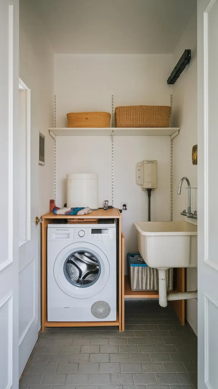 A stylish white-walled utility room cleverly combines laundry functionality with smart storage solutions in a compact tiled space.
