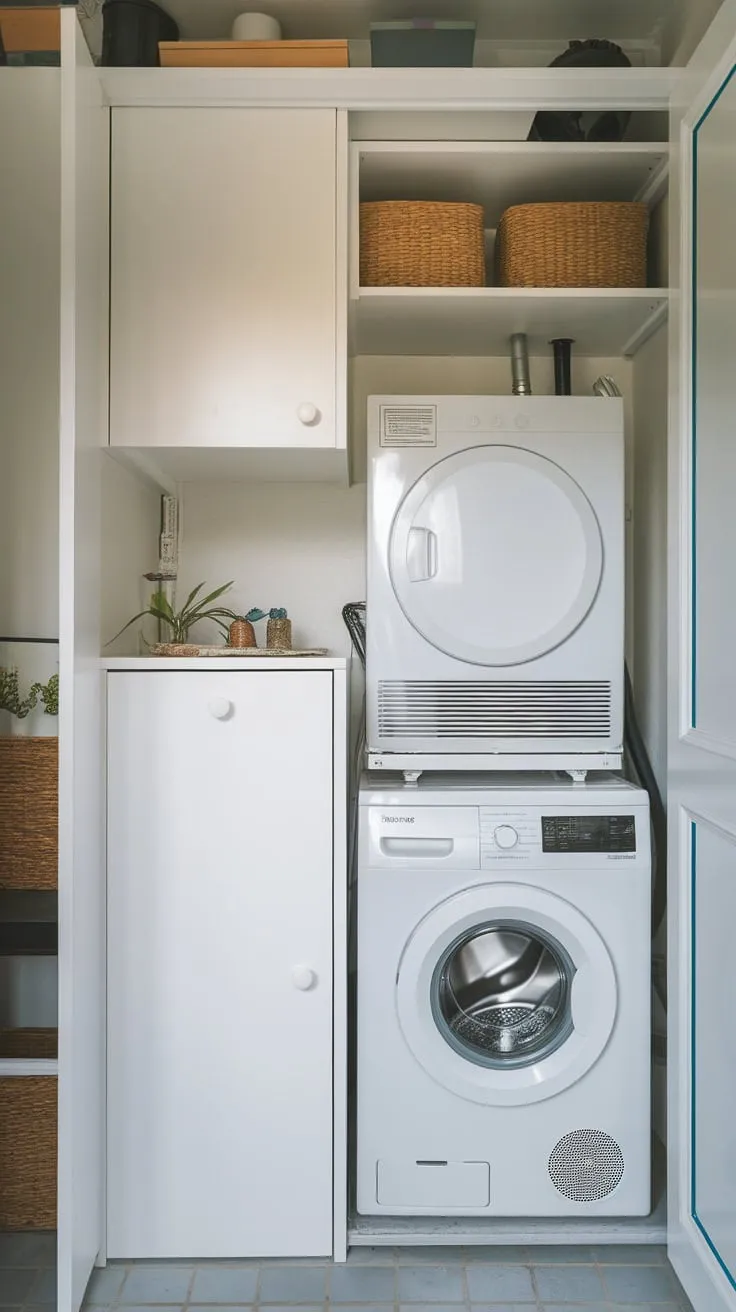 A white-tiled utility room boasts clever storage maximizing limited space with a cabinet, shelf, and efficient washer-dryer setup.