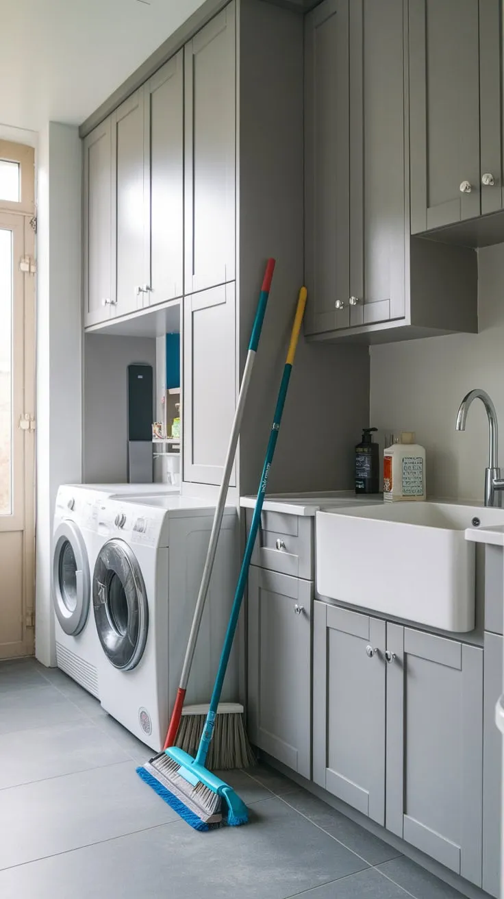 A modern utility room design boasts ample storage in grey cabinets alongside essential appliances, creating a clean and organized space.
