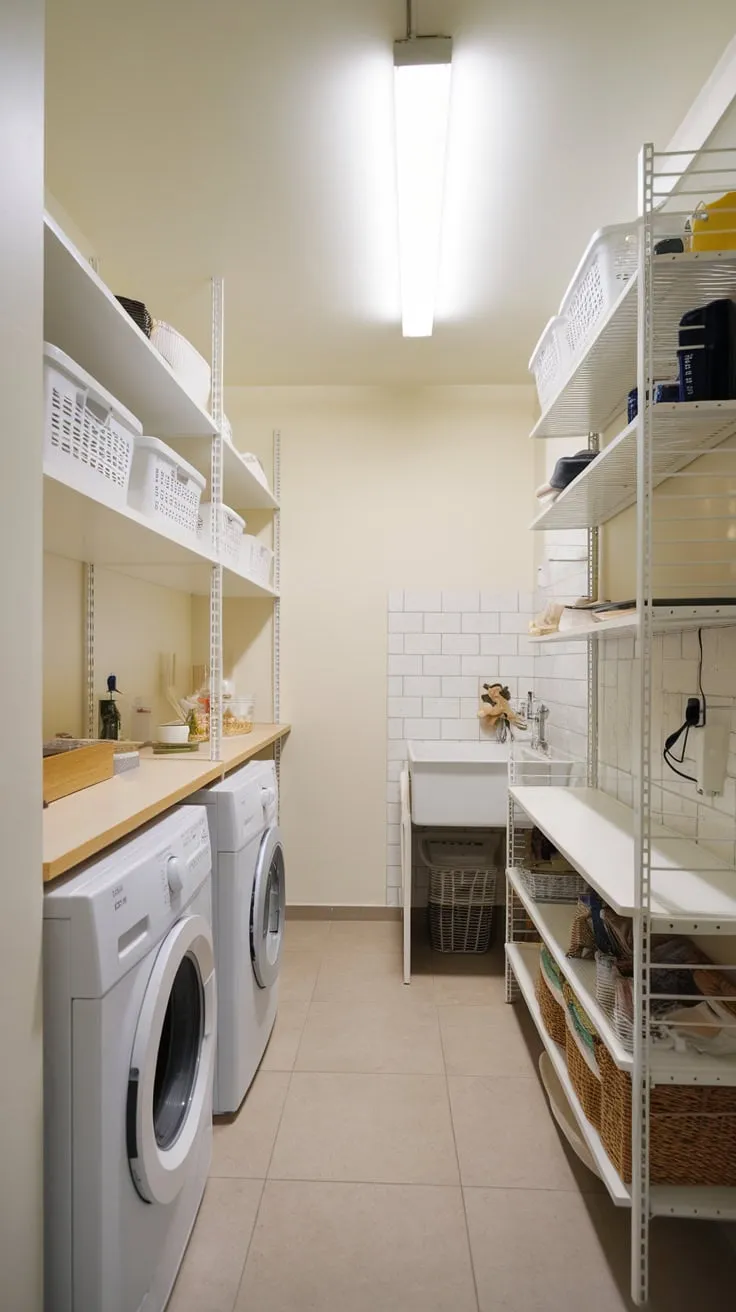 Maximize small-space utility room storage with bright lighting and efficient shelving for a clean, modern feel