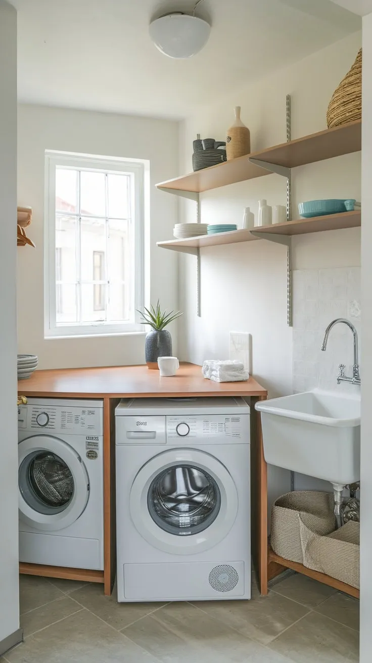 A stylish and functional utility room boasts ample storage despite its compact size, thanks to clever shelving and a bright, tiled design.