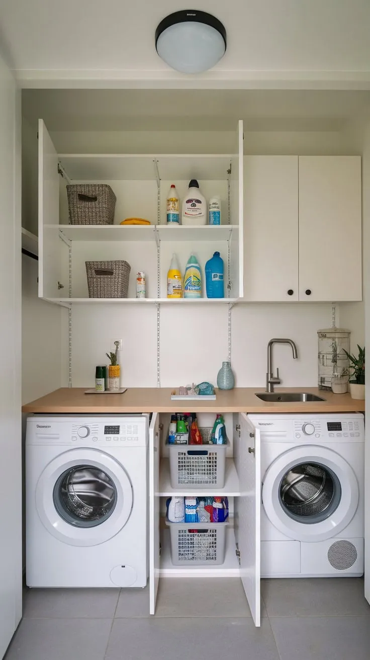 Maximize small utility room space with smart storage solutions like shelving for cleaning supplies and a countertop sink, creating a modern and efficient laundry area.