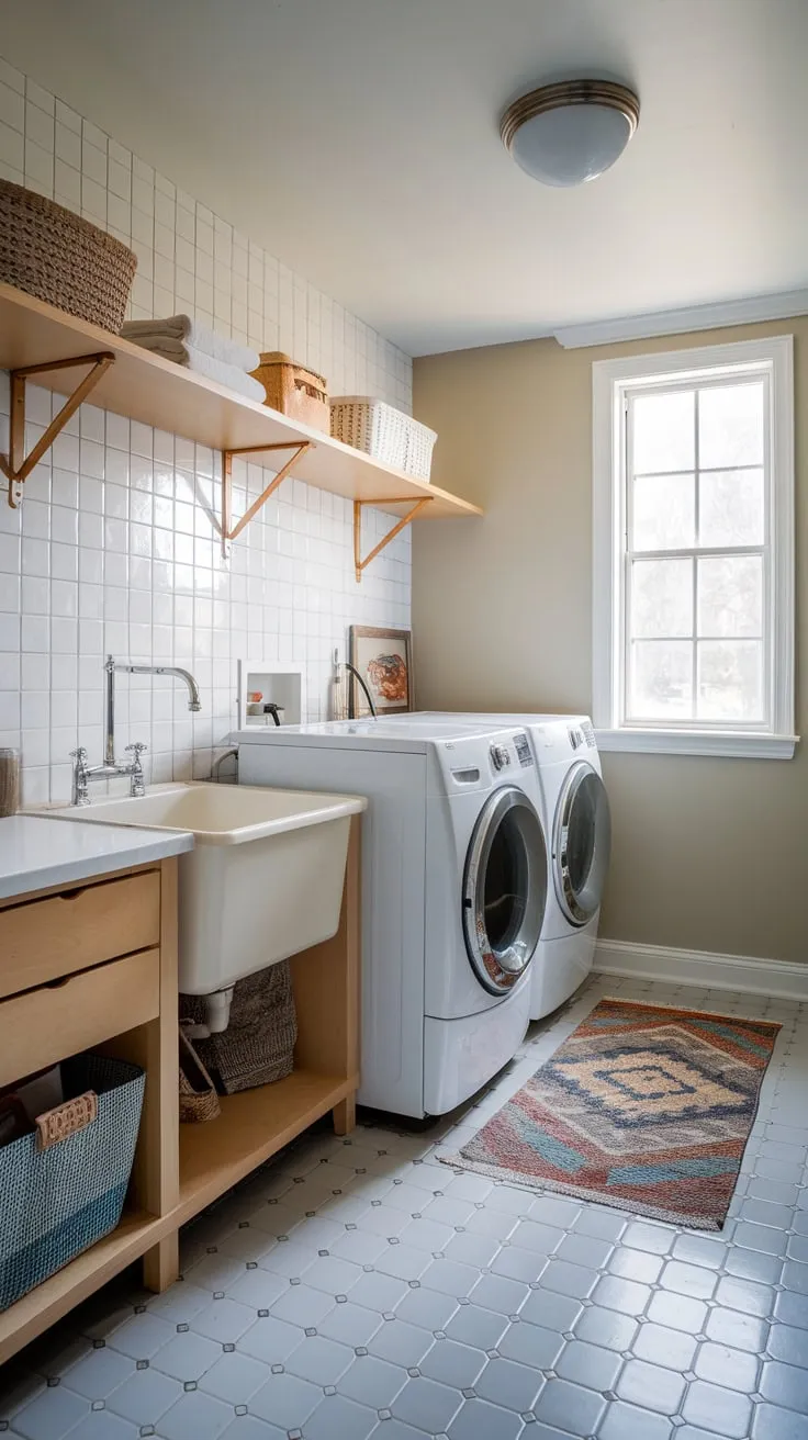 Maximize utility room storage with a modern design featuring ample shelving and a clean aesthetic