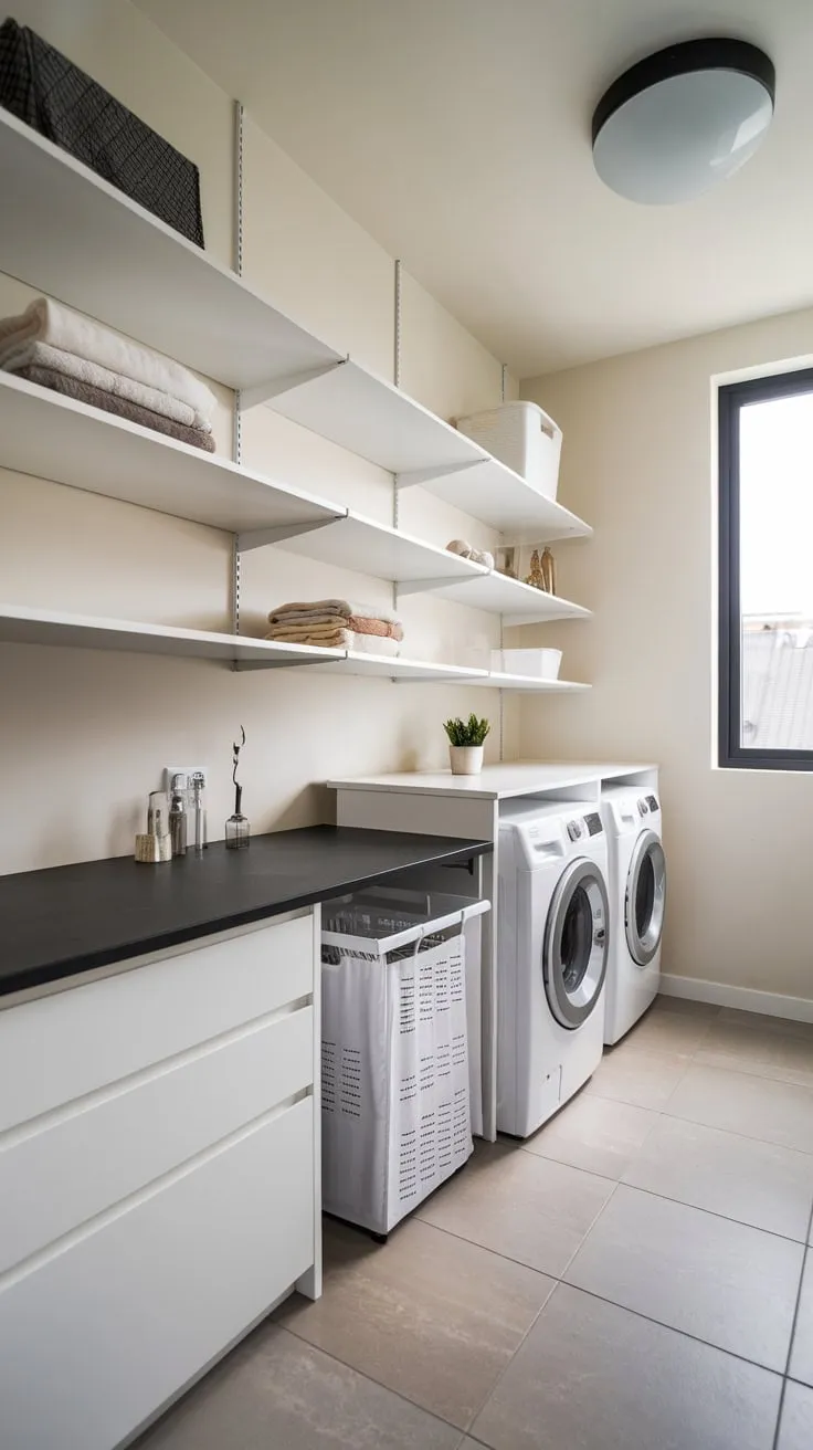A bright, efficiently organized utility room boasts ample storage shelves, a laundry sorter, and modern washer/dryer, creating a clean and functional space.