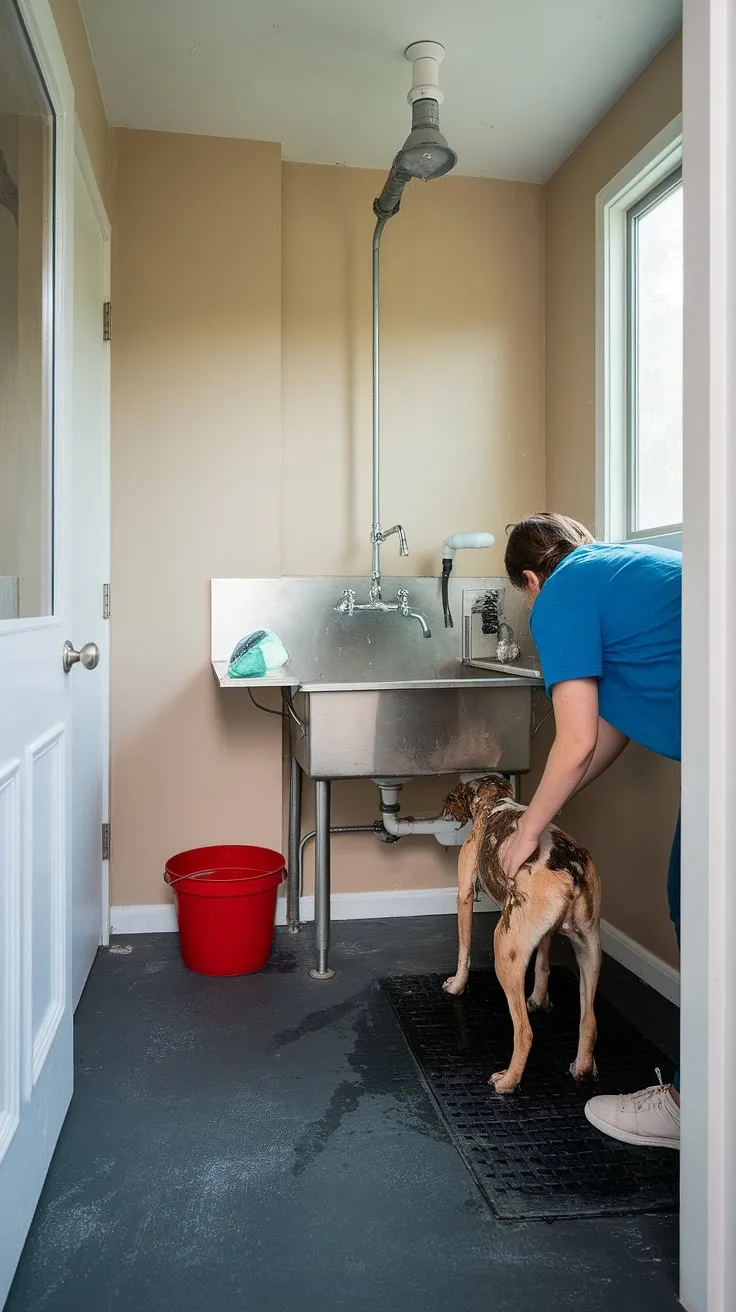 This pet-friendly utility space transforms laundry day into a pampering experience.  Our dedicated dog wash station, complete with a stainless steel sink and ample room, makes cleaning up our furry friend a breeze.  This utility room with dog wash is the perfect home pet wash area, a true dog bathing station designed for convenience and comfort.