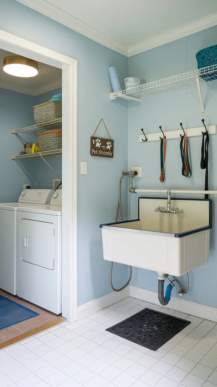 This pet-friendly utility space is more than just a laundry room with a dog wash; it's a dedicated pet grooming area!  The dog wash station, complete with sink, hose, and leash hooks, makes bath time a breeze.  This utility room with dog wash is the ultimate home pet wash area, transforming a functional space into a convenient dog bathing station and pet care utility room.