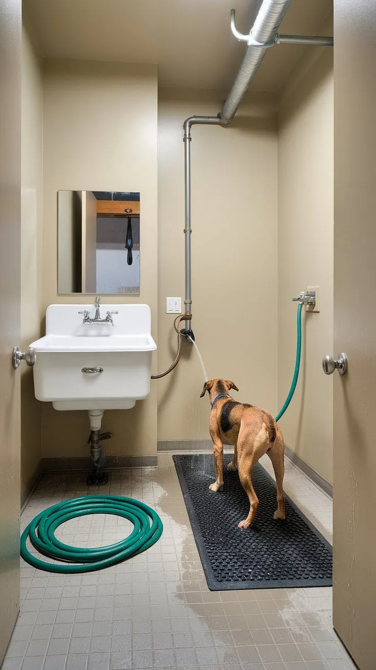 This pet-friendly utility space is more than just a laundry room with a dog wash; it's a dedicated dog washing station, a home pet wash area designed for easy pet grooming.  The utility room with dog wash features a convenient sink and hose, making bath time a breeze.