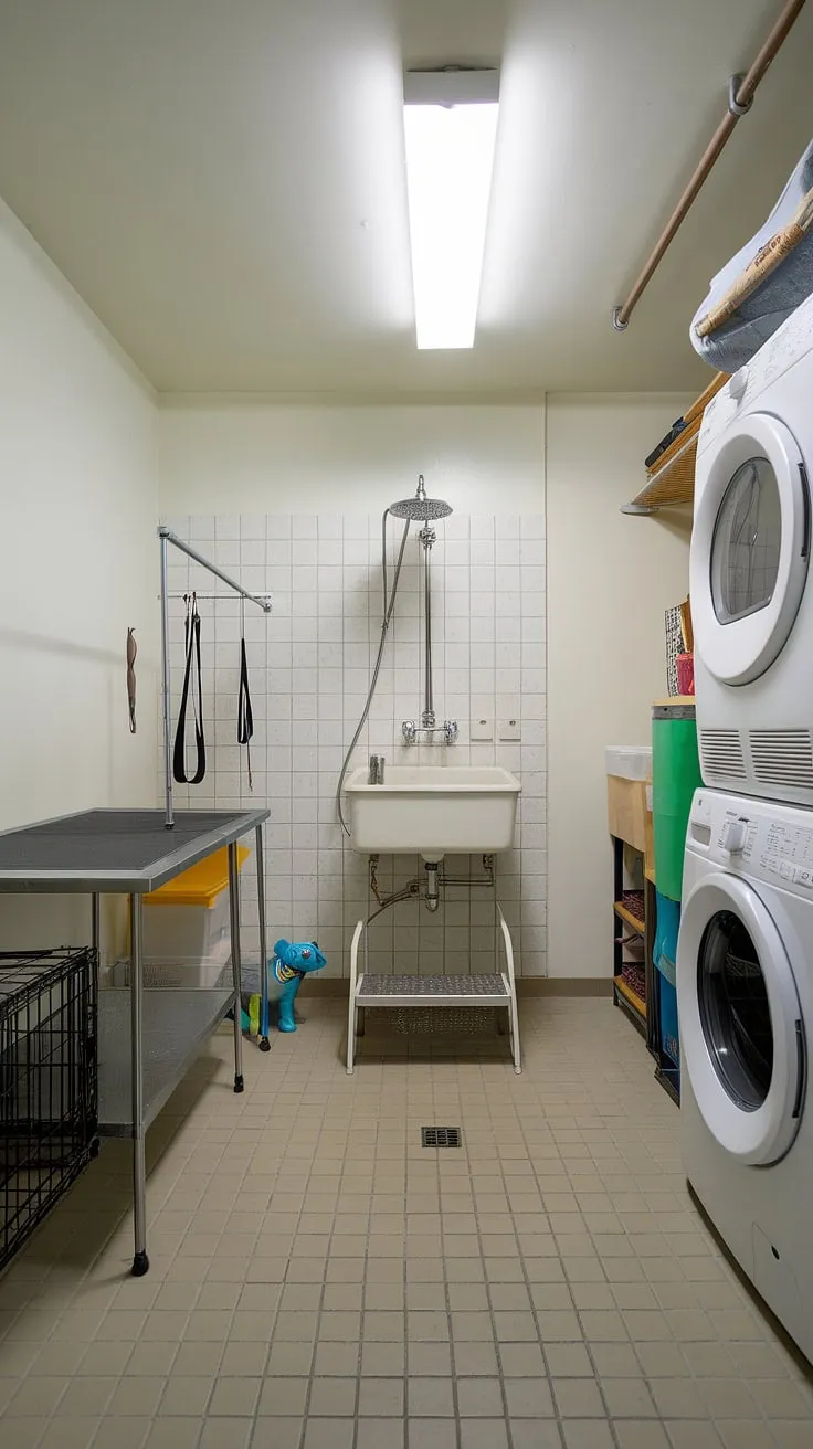 This pet-friendly utility space is the ultimate dream!  A dedicated dog washing station, complete with showerhead and sink, sits alongside a fully equipped pet grooming area and a convenient laundry room with dog wash capabilities.  This utility room with dog wash truly elevates pet care at home.
