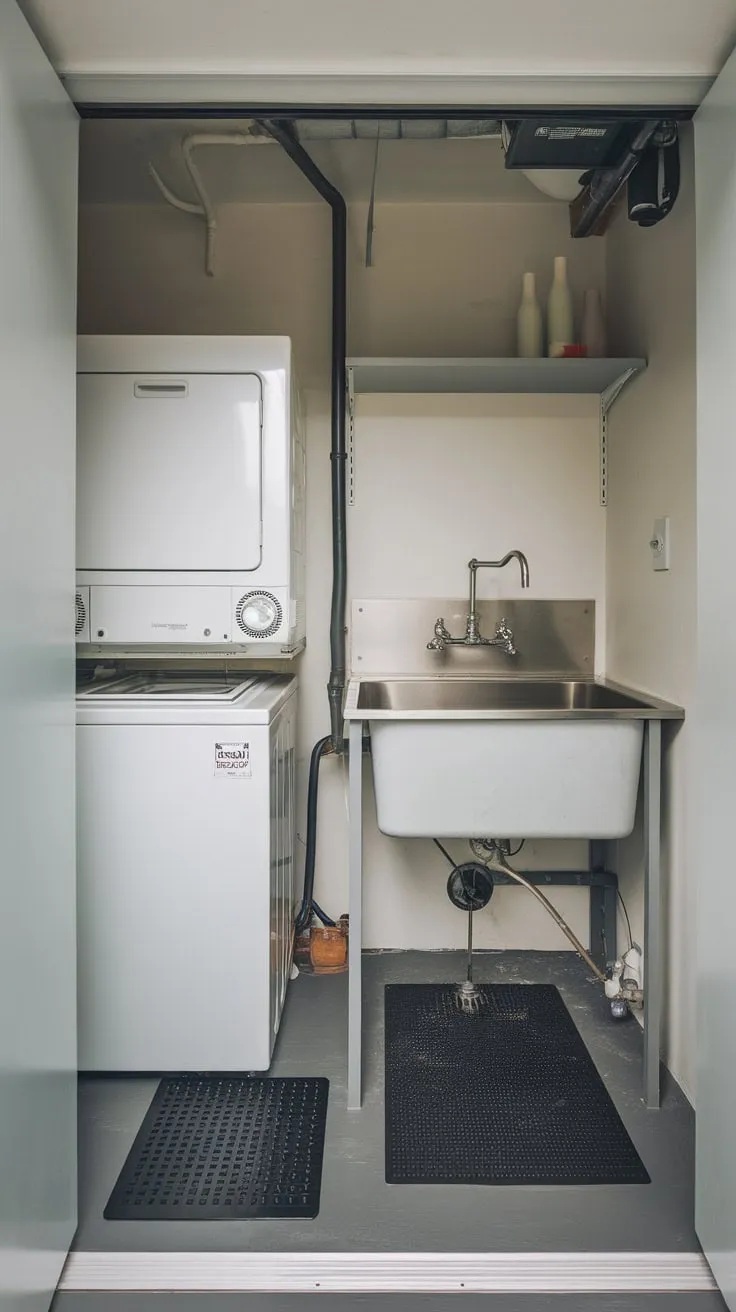 A small, stylish utility room combines laundry functionality with a dedicated dog-washing area.