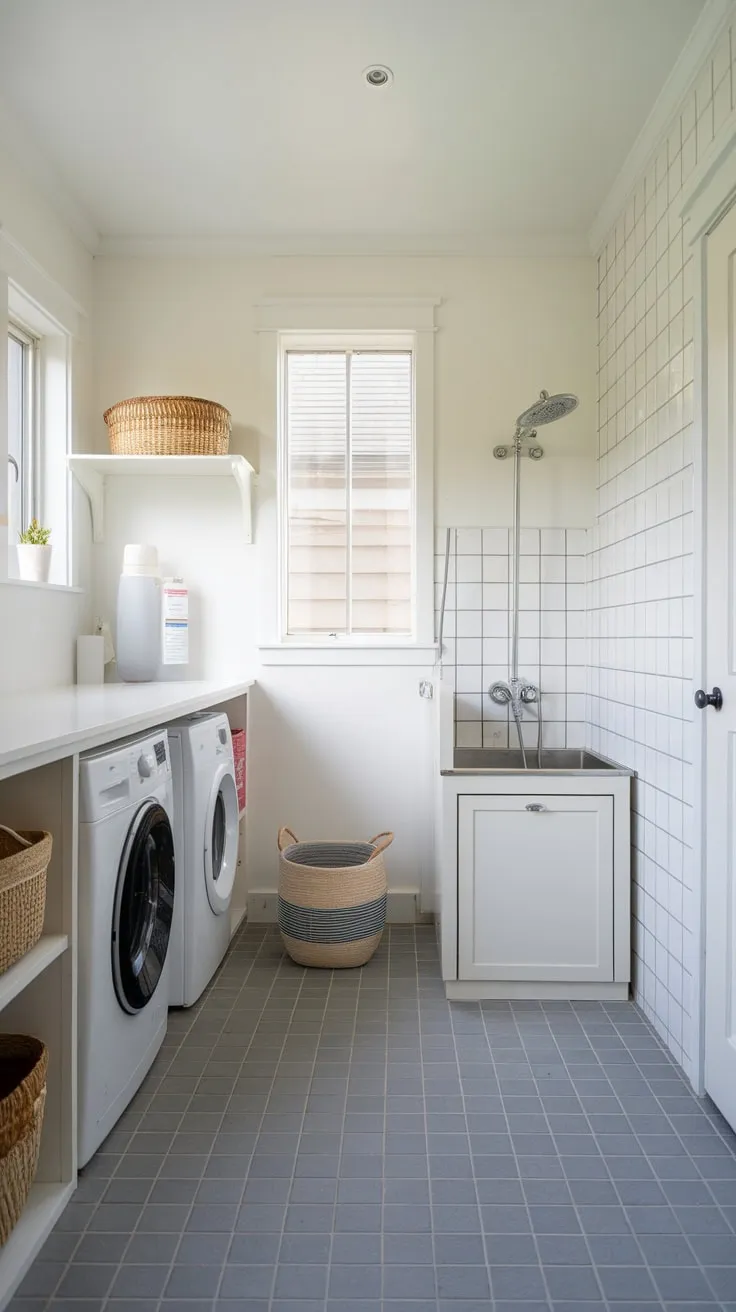 A modern utility room seamlessly integrates laundry, storage, and a dedicated dog wash station for ultimate convenience