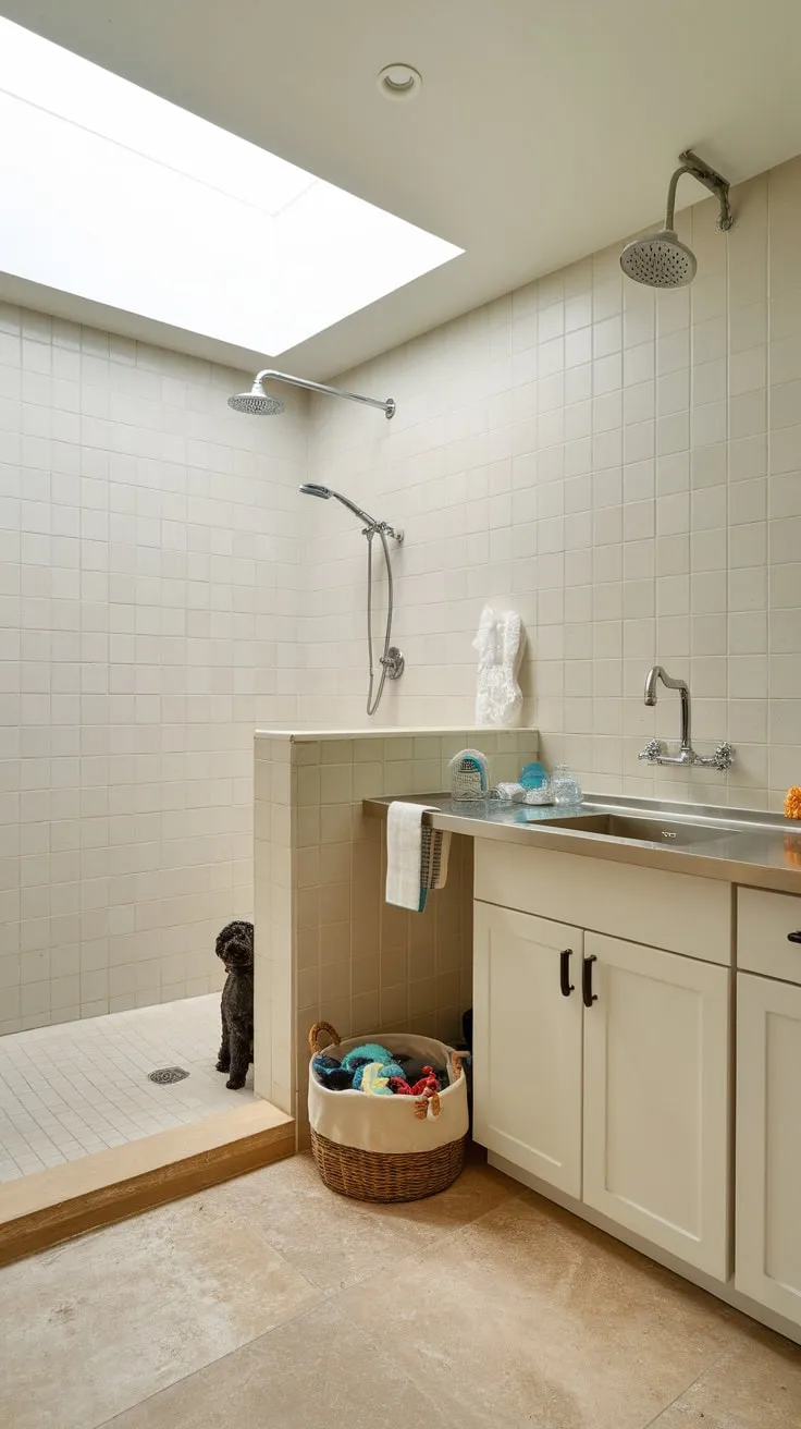 A skylight-lit utility room boasts a convenient dog-washing area, seamlessly blending practicality and pet pampering.