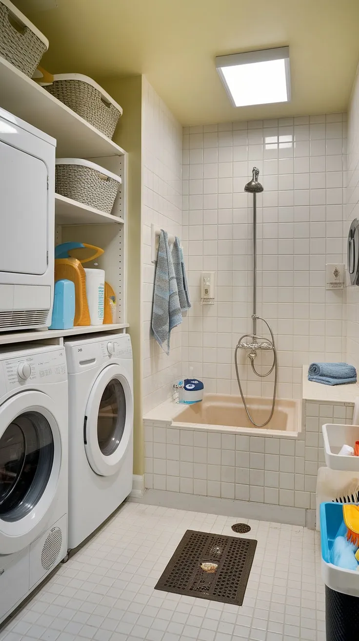 Say goodbye to muddy paws and hello to a sparkling clean pup! This laundry room with dog wash features a convenient dog bathing station, transforming a utility room with dog wash into a dedicated pet grooming area.  A home pet wash area designed for both efficiency and pampering.