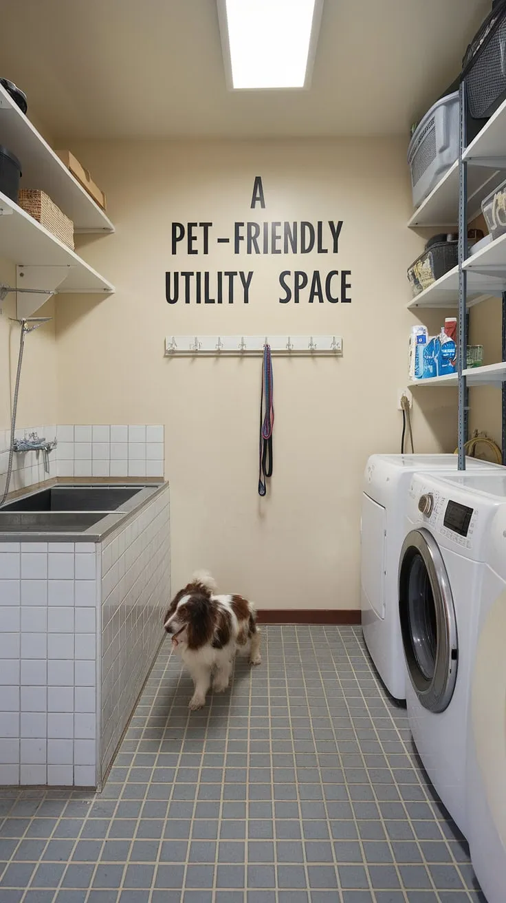 This pet-friendly utility space is the ultimate dog lover's dream!  A dedicated dog wash station, complete with a pet grooming area, sits alongside the laundry room with dog wash capabilities, making bath time a breeze.  Convenient storage and a leash rack complete this thoughtfully designed utility room with dog wash, ensuring a clean and organized home pet wash area.