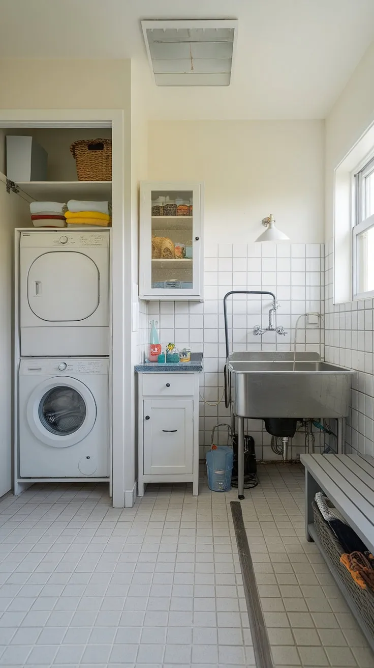 Say goodbye to muddy paws and hello to a sparkling clean pup! This laundry room with dog wash boasts a convenient dog bathing station within a thoughtfully designed pet grooming area.  The dedicated dog wash station in this utility space for pets offers a convenient and efficient home pet wash area, making this pet-friendly utility room a must-have for any dog owner.