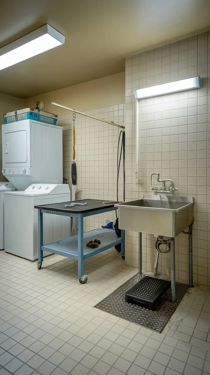 This pet-friendly utility space is the ultimate dream!  A dedicated dog wash station, complete with a convenient sink and grooming table, sits alongside the laundry room with dog wash capabilities.  This utility room with dog wash offers a streamlined home pet wash area, transforming chore time into quality time with your furry friend.  The dog bathing station makes bath time a breeze, while the pet grooming area ensures they always look their best.  A truly functional and efficient pet care utility room.