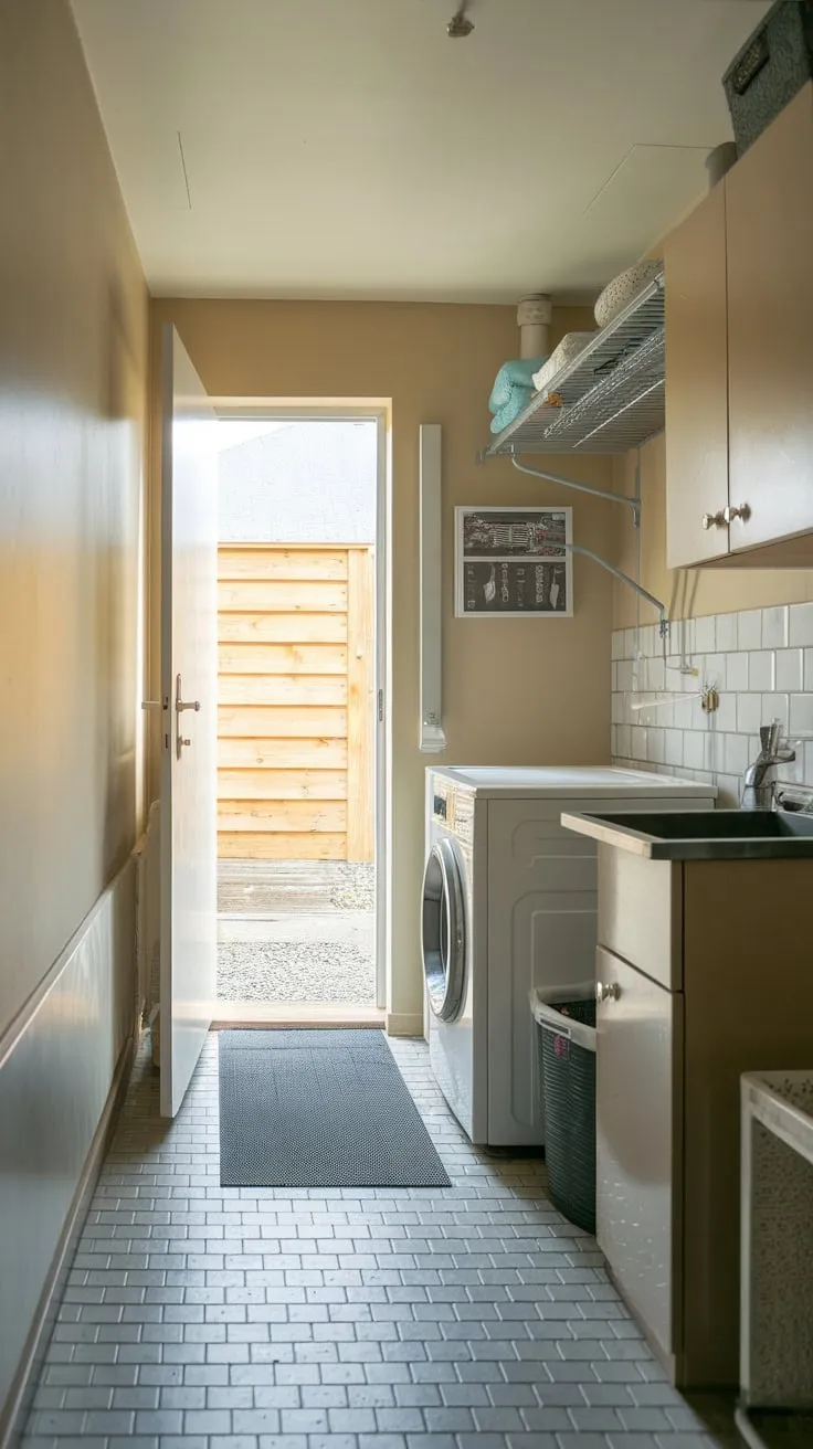 This efficient utility room combines laundry, a dog wash, and outdoor access in a compact space.