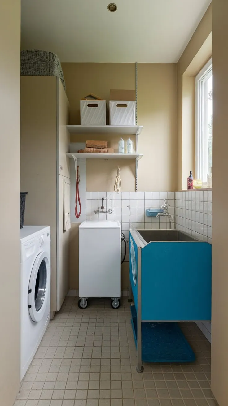 A bright, tiled utility room efficiently combines laundry, storage, and a dedicated dog wash station.