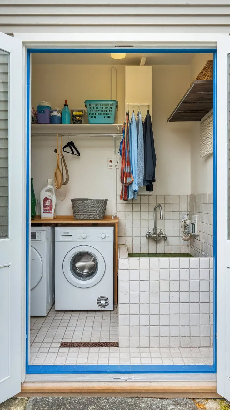 A small, tiled utility room boasts a convenient dog wash station alongside laundry facilities and exterior access