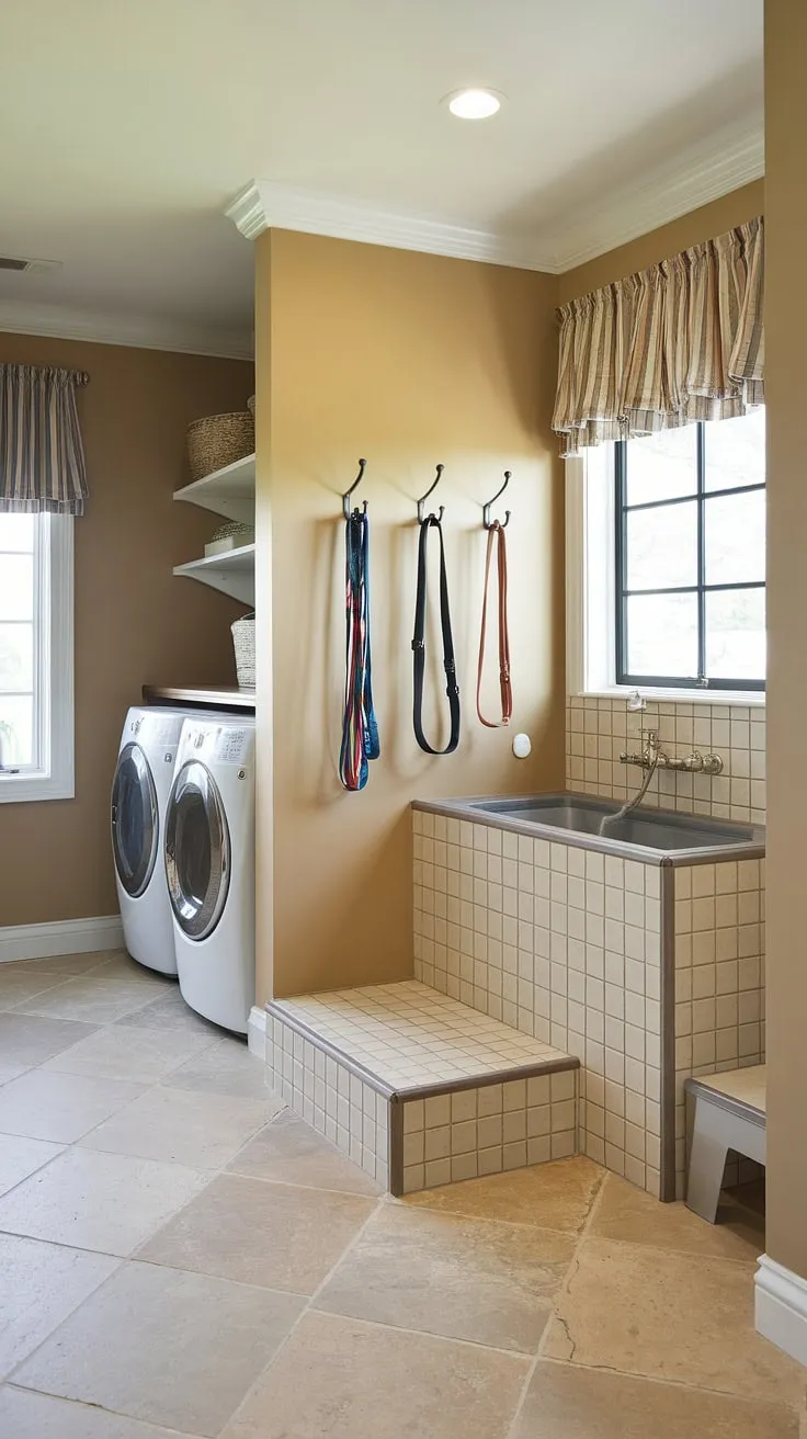 Say goodbye to muddy paws and hello to a sparkling clean pup!  This laundry room with dog wash features a thoughtfully designed dog bathing station, creating a home pet wash area within a practical utility space for pets.  The dedicated dog wash station and convenient storage for leashes and collars make this pet care utility room a must-have for any pet owner.