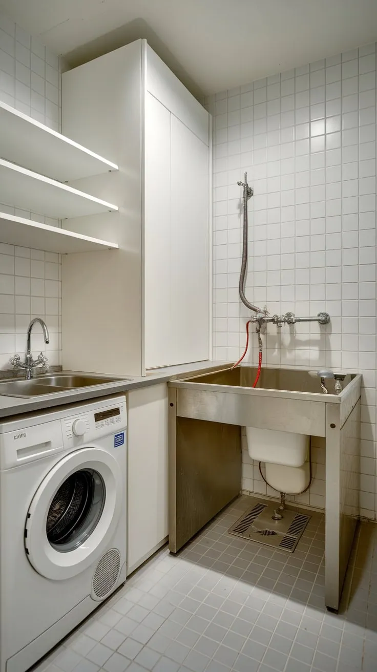 A small, tiled utility room efficiently combines laundry, a convenient sink, and a dedicated dog-washing station.