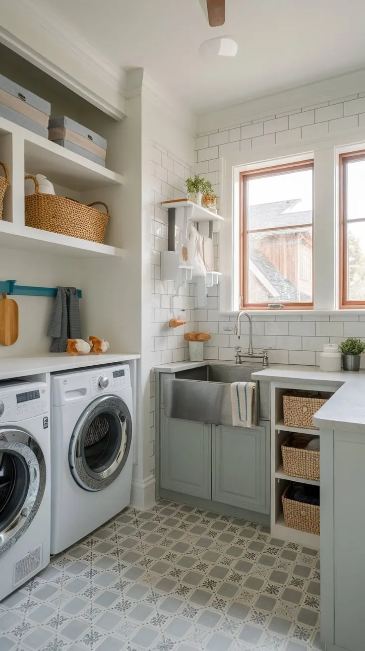 Upgrade your home with a stylish utility room featuring a convenient dog wash station, washer, dryer, and sink.