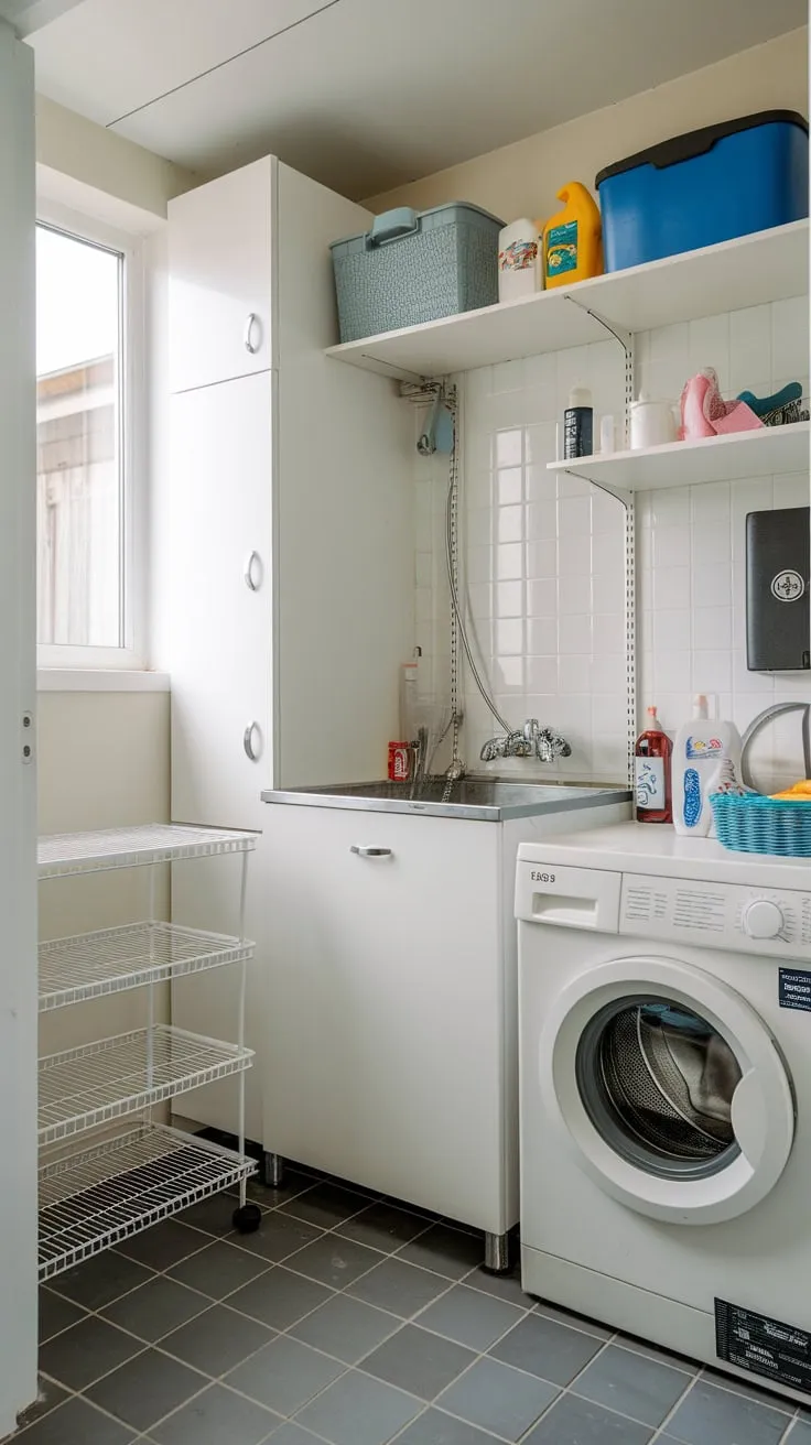 A bright, efficient utility room features a dedicated dog wash station alongside laundry facilities and ample storage.