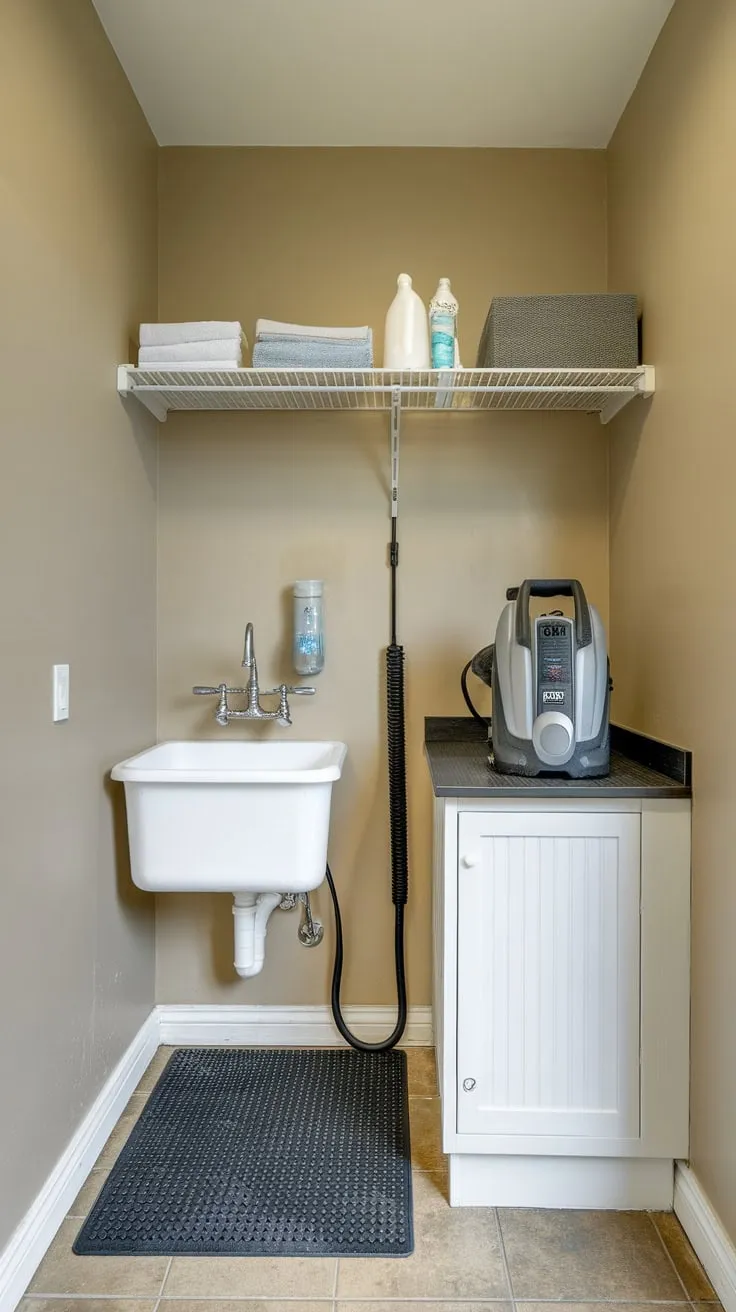 A small, beige-walled utility room features a convenient dog wash station complete with pressure washer, sink, and ample storage.