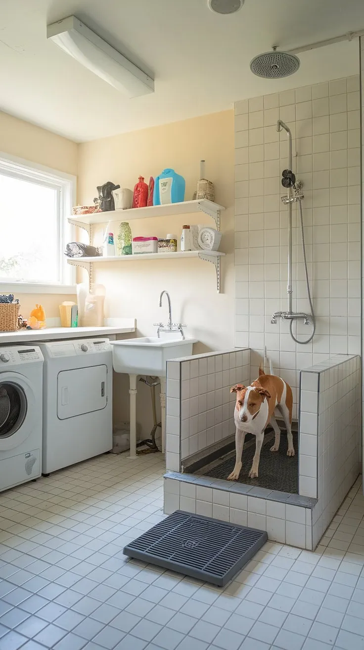 Transforming chores into a paw-some experience! This utility space for pets boasts a fully equipped dog bathing station, seamlessly integrated into our laundry room with dog wash.  The dog wash station, with its convenient ramp and showerhead, makes pet grooming area a joy, turning this pet care utility room into a multi-functional haven.