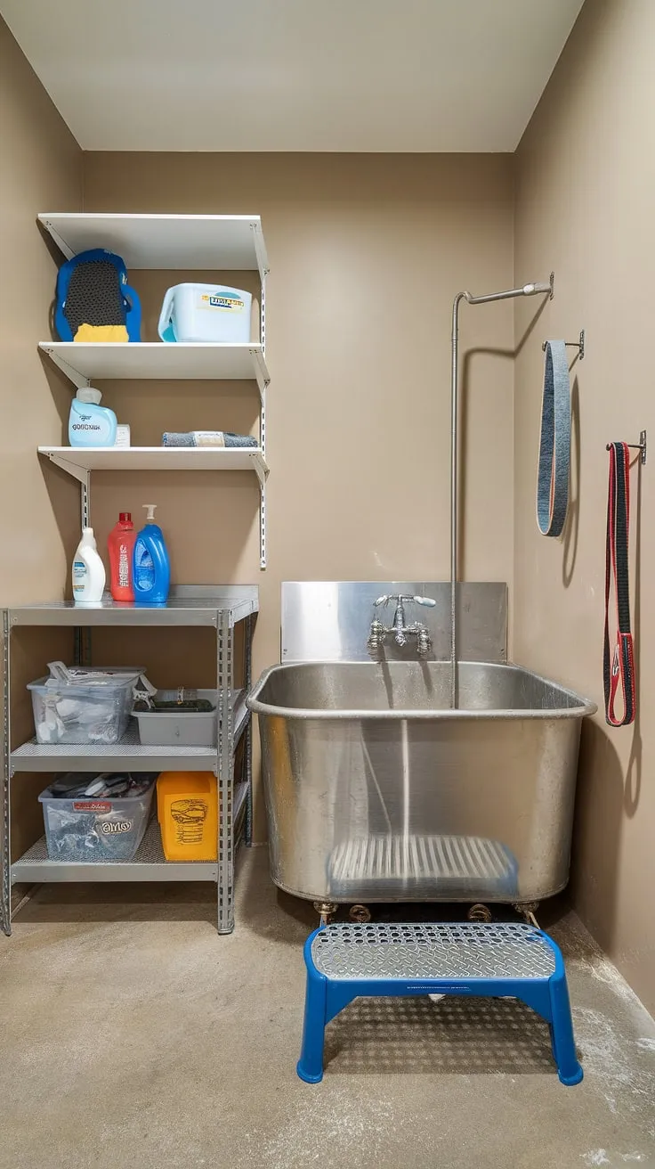 This pet-friendly utility space transforms laundry day into a spa day for our furry friend!  The dedicated dog wash station, complete with a stainless steel tub and convenient step stool, makes bath time a breeze.  This utility room with dog wash is the ultimate in home pet wash area convenience.