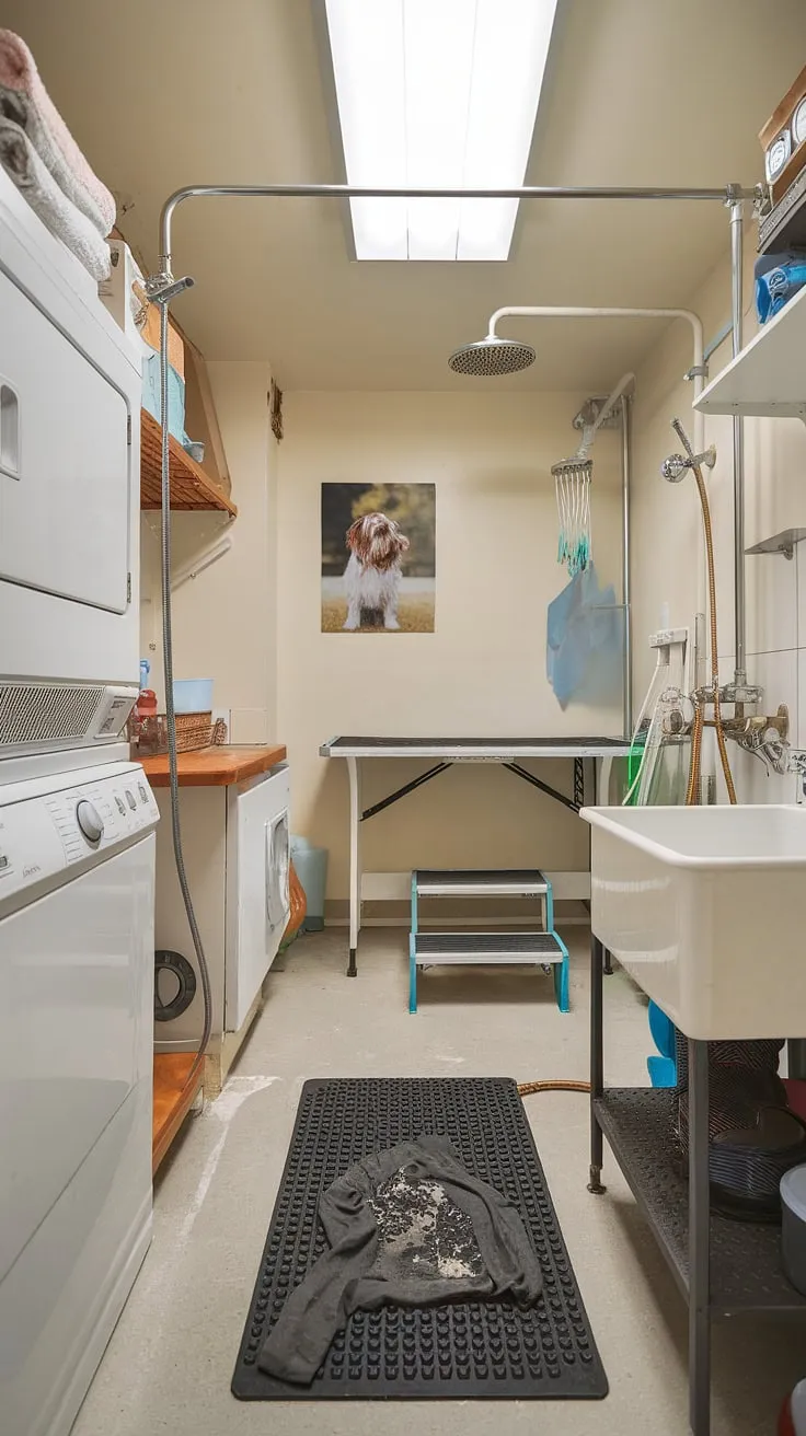 Transforming laundry day into a pampering experience! This laundry room with dog wash boasts a fully equipped dog washing station, ensuring your canine companion gets the royal treatment.  The integrated pet care utility room design includes a dedicated pet grooming area, making this utility space for pets the envy of all pet parents.  This dog bathing station is the ultimate in home convenience.