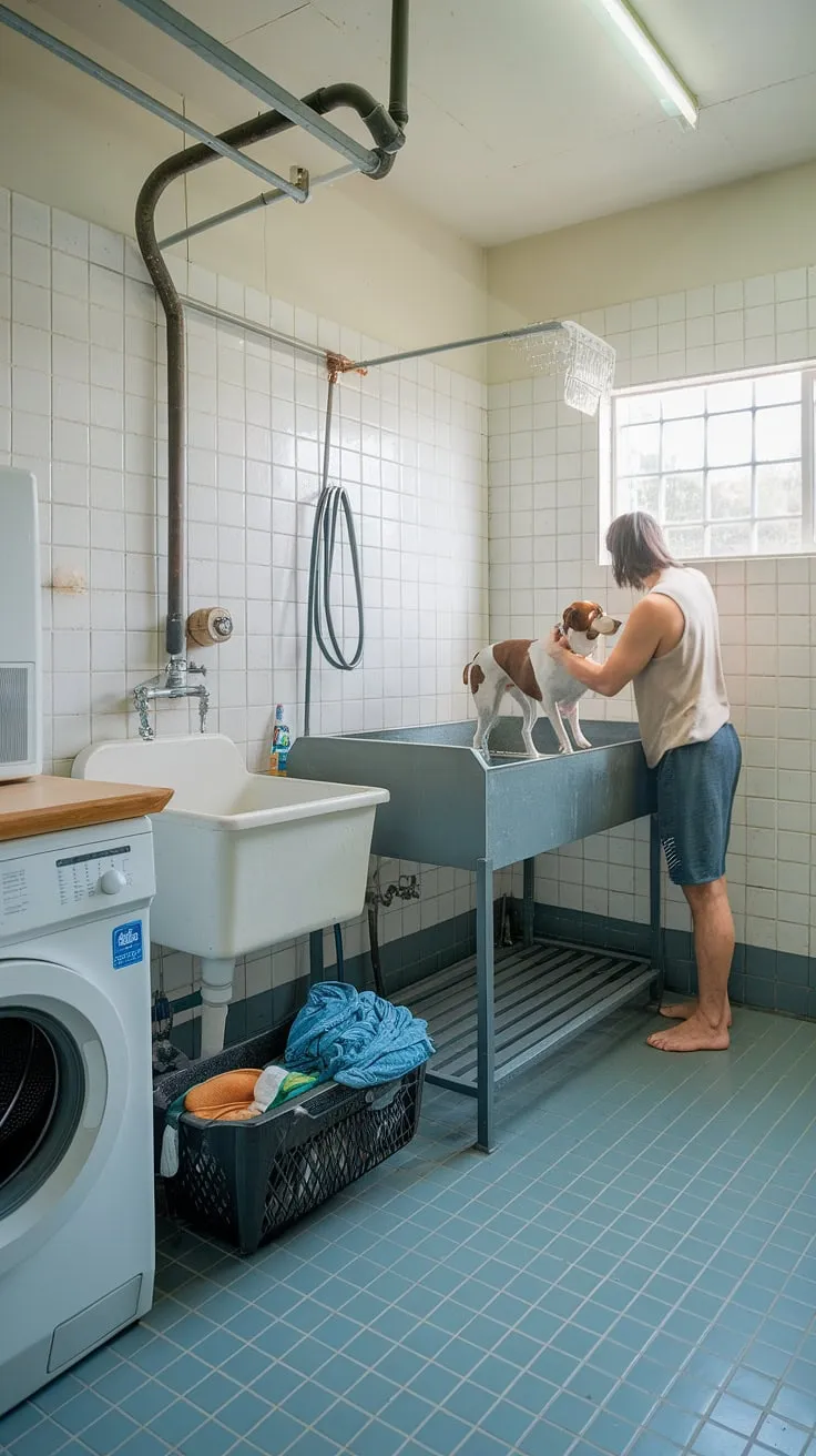Transforming chores into quality time! This utility space for pets boasts a fully functional dog wash station, complete with a sink and hose.  No more muddy paw prints tracking through the house – this dedicated pet care utility room, including a dog bathing station, makes cleaning up a snap.  The perfect blend of laundry room and dog wash.