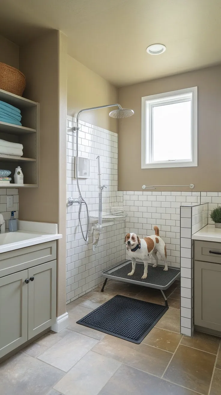 This pet-friendly utility space is the ultimate dream!  A dedicated dog wash station, complete with showerhead and grooming area, sits alongside the laundry room, making pet care a breeze.  This utility room with dog wash truly elevates the home pet wash area, offering a convenient and efficient dog bathing station.