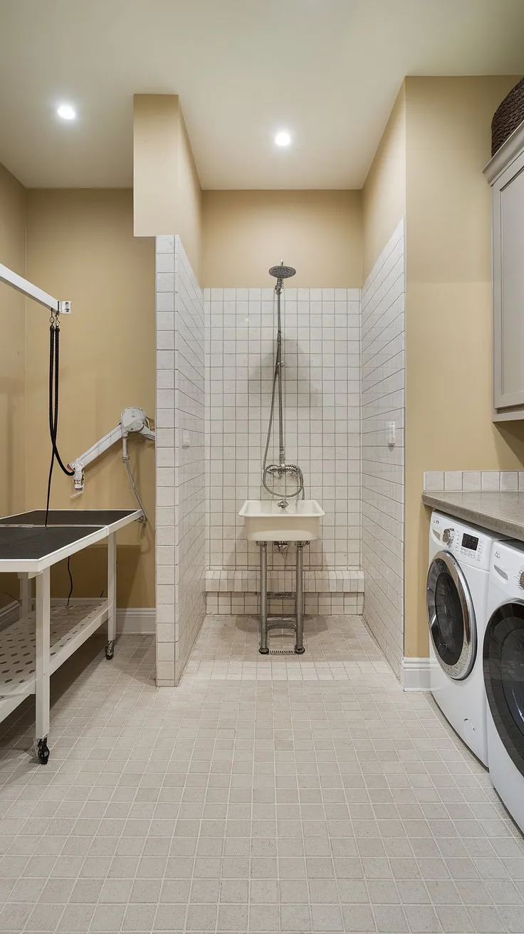 Transforming chores into pampering! This utility room with dog wash boasts a dedicated dog washing station, pet grooming area, and laundry room with dog wash all in one convenient space.  A thoughtfully designed utility space for pets, this dog wash station offers a complete solution for home pet care.