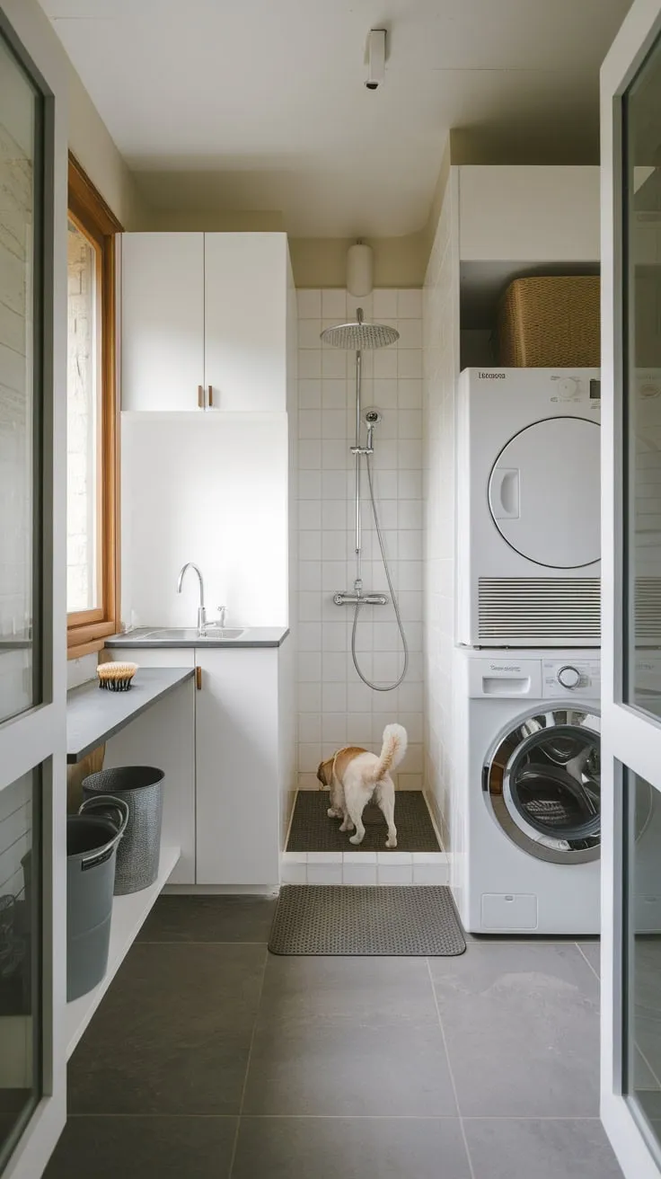 Upgrade your home with a stylish utility room featuring a convenient dog wash area alongside laundry appliances.