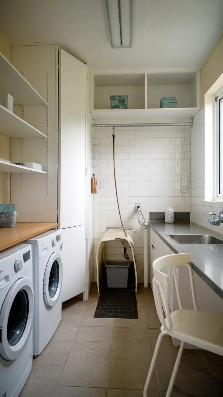 This compact utility room features a washer, dryer, dog wash, and ample storage, making chores and pet care a breeze.